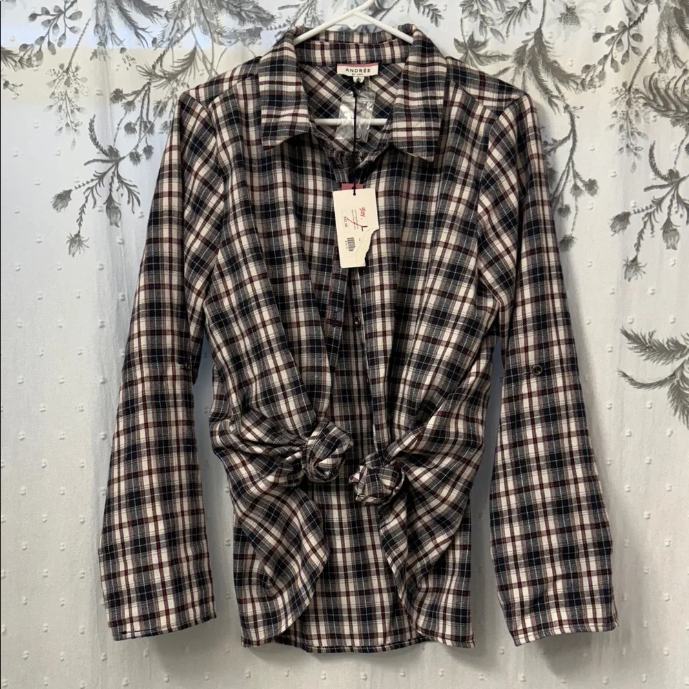 ANDREE BY UNIT Plaid Button-Down Shirt with Tie Front - Picture 5 of 7